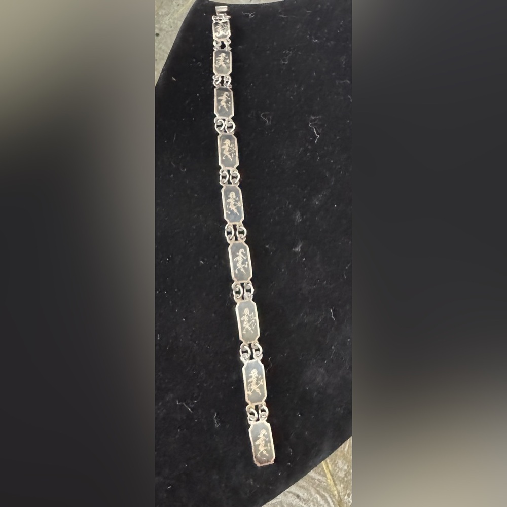 1920’s Siam Sterling Silver Art Deco Bracelet Niello .925 Antique Sz 6.5” ~4.83g